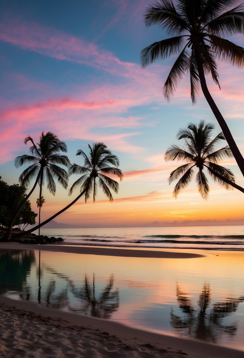 A tranquil beach at sunset, with palm trees swaying in the breeze and a colorful sky reflecting on the calm ocean