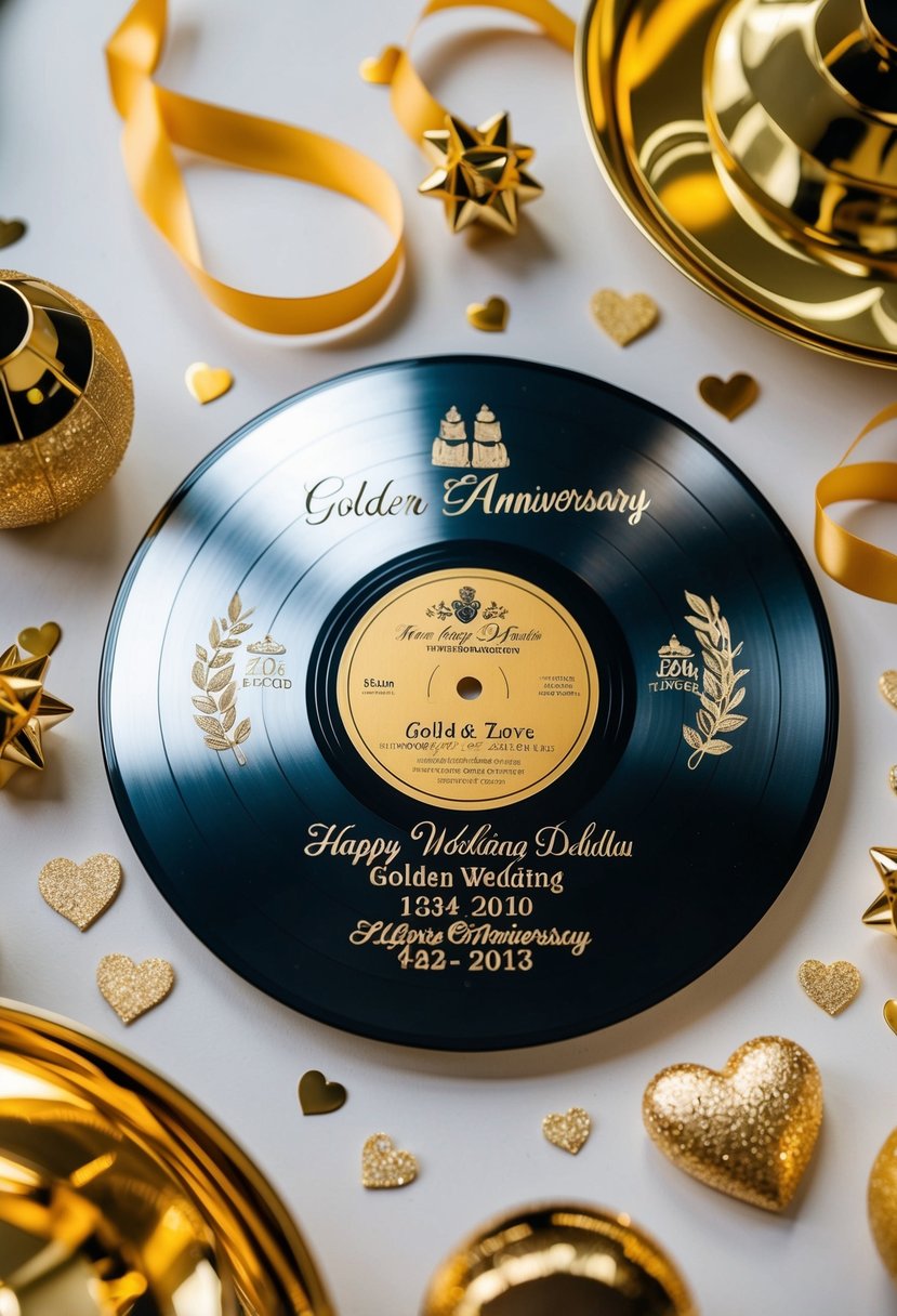 A metallic record with personalized golden wedding anniversary details surrounded by celebratory decorations and symbols of love