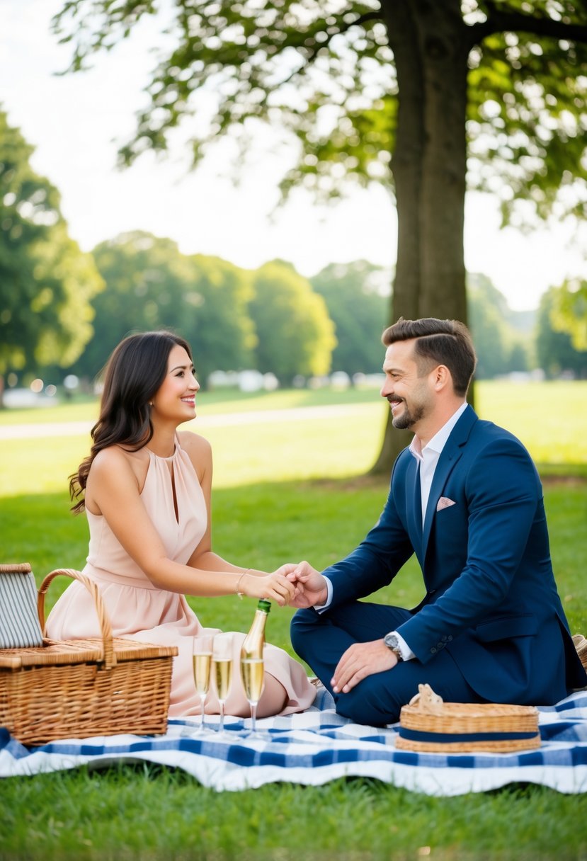 A couple sits on a picnic blanket surrounded by a beautiful park. They hold hands and smile at each other, with a picnic basket and champagne nearby