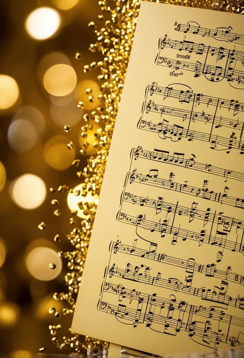 A golden sheet music canvas with musical notes and symbols, surrounded by shimmering gold accents, set against a luxurious background