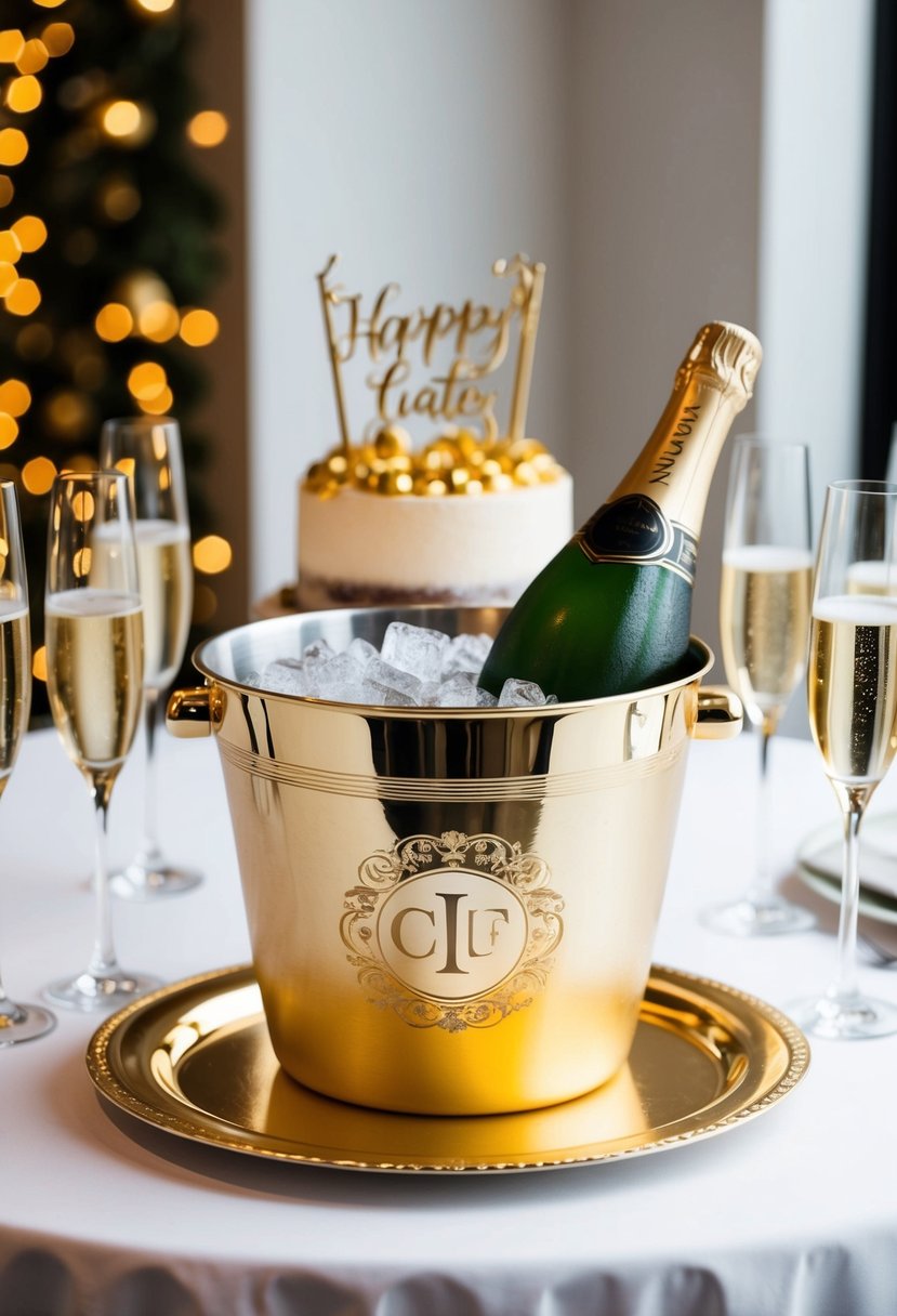 A monogrammed golden ice bucket sits on a table surrounded by champagne flutes and a celebratory cake