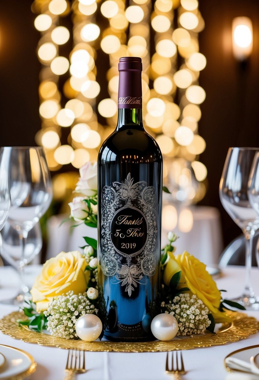 A beautifully etched bottle of wine sits on a table, surrounded by golden wedding anniversary decorations and flowers