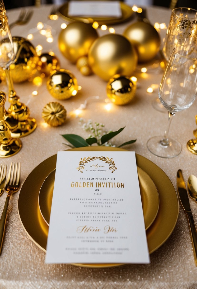 A table set with golden-themed invitations, surrounded by golden decorations and sparkling lights