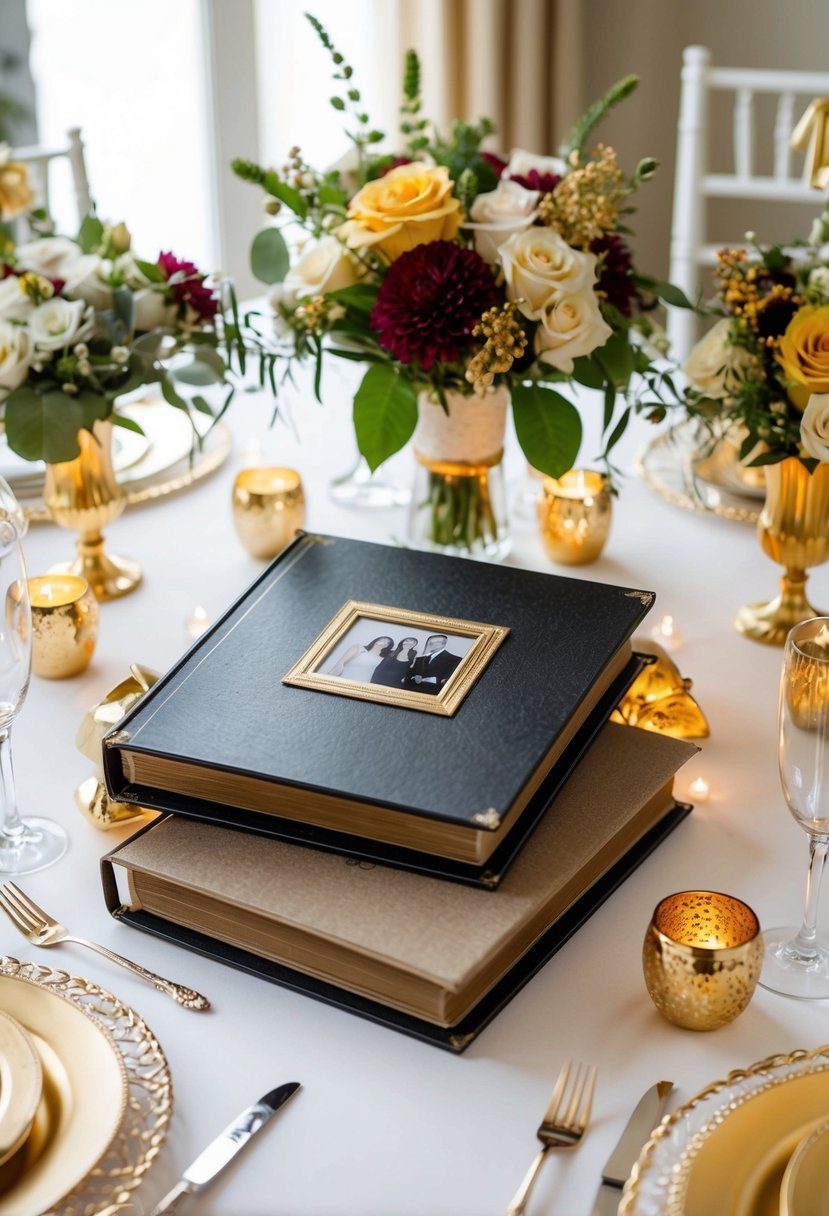 A table adorned with a vintage photo album, surrounded by golden anniversary decorations and flowers