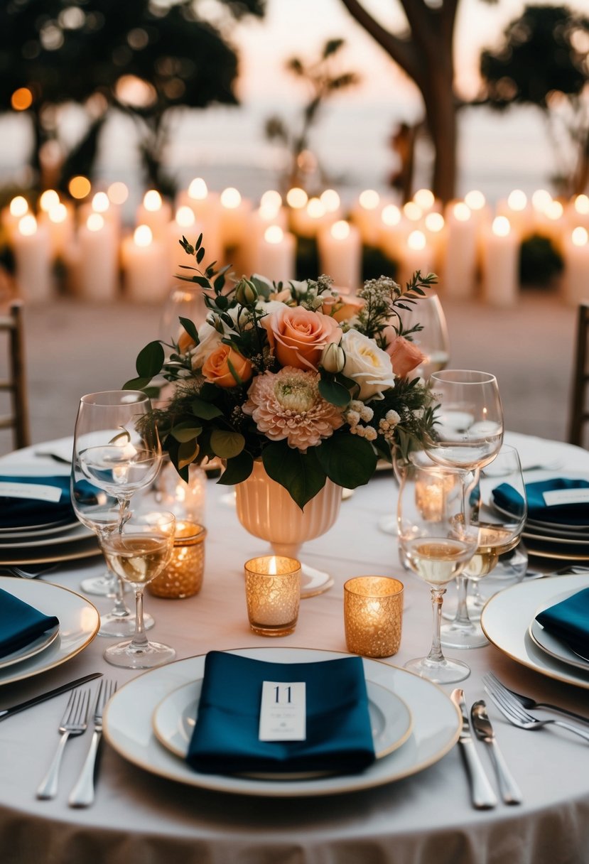 A couple's dining table set with elegant dinnerware and a bouquet of flowers, with candles creating a romantic ambiance for their 11th wedding anniversary celebration