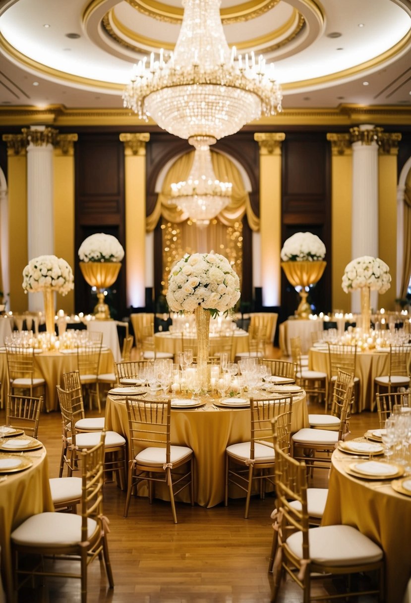 A grand ballroom adorned with gold accents and intricate decorations, set up for a lavish celebration of a golden wedding anniversary