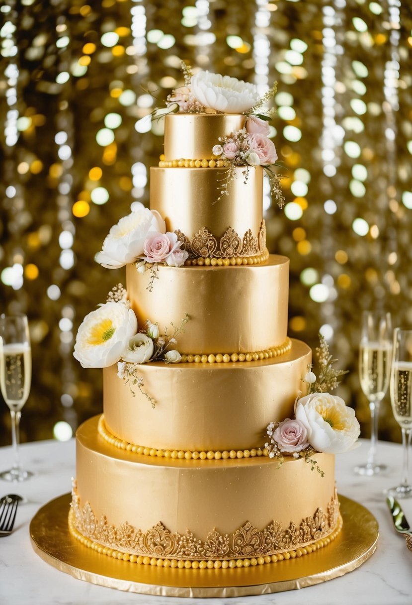 A tiered golden cake adorned with intricate details and elegant floral decorations, set against a backdrop of shimmering gold accents and sparkling champagne glasses