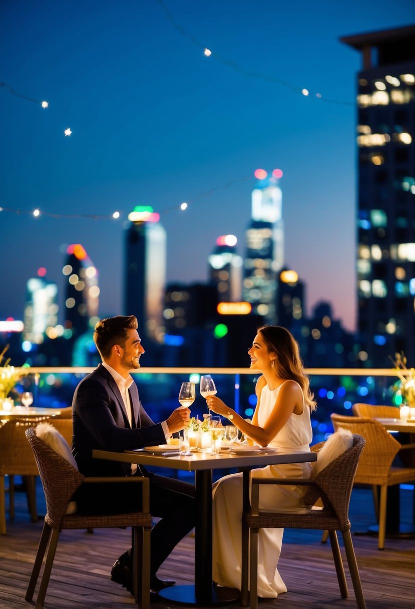 A couple enjoys a romantic dinner under the stars at a rooftop restaurant, surrounded by twinkling city lights and a view of the skyline