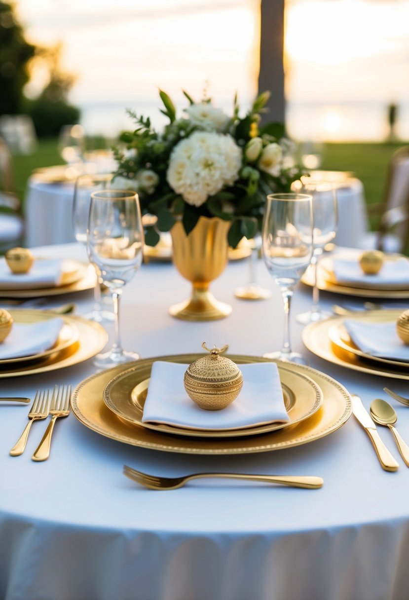 A beautifully set table with custom gold cutlery for a golden wedding anniversary celebration