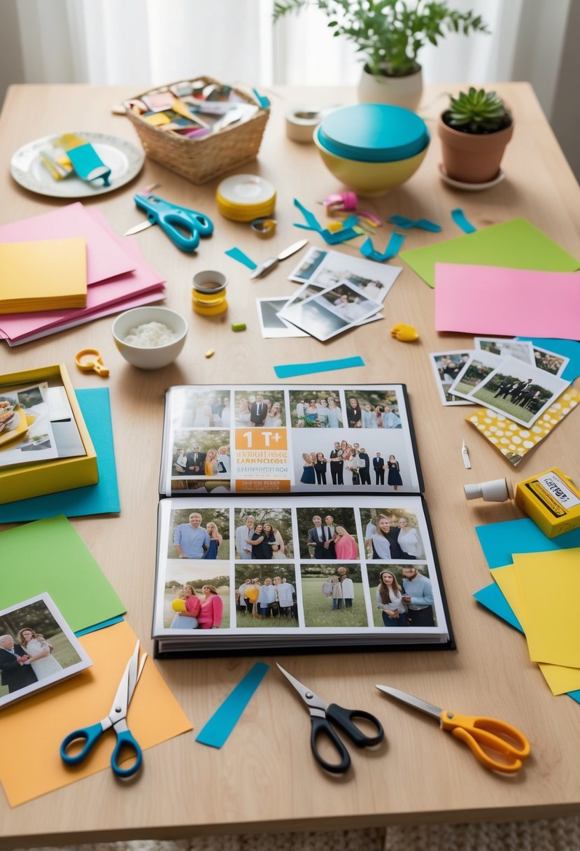 A table covered in colorful paper, scissors, glue, and photos spread out. A finished scrapbook displays 11th anniversary memories