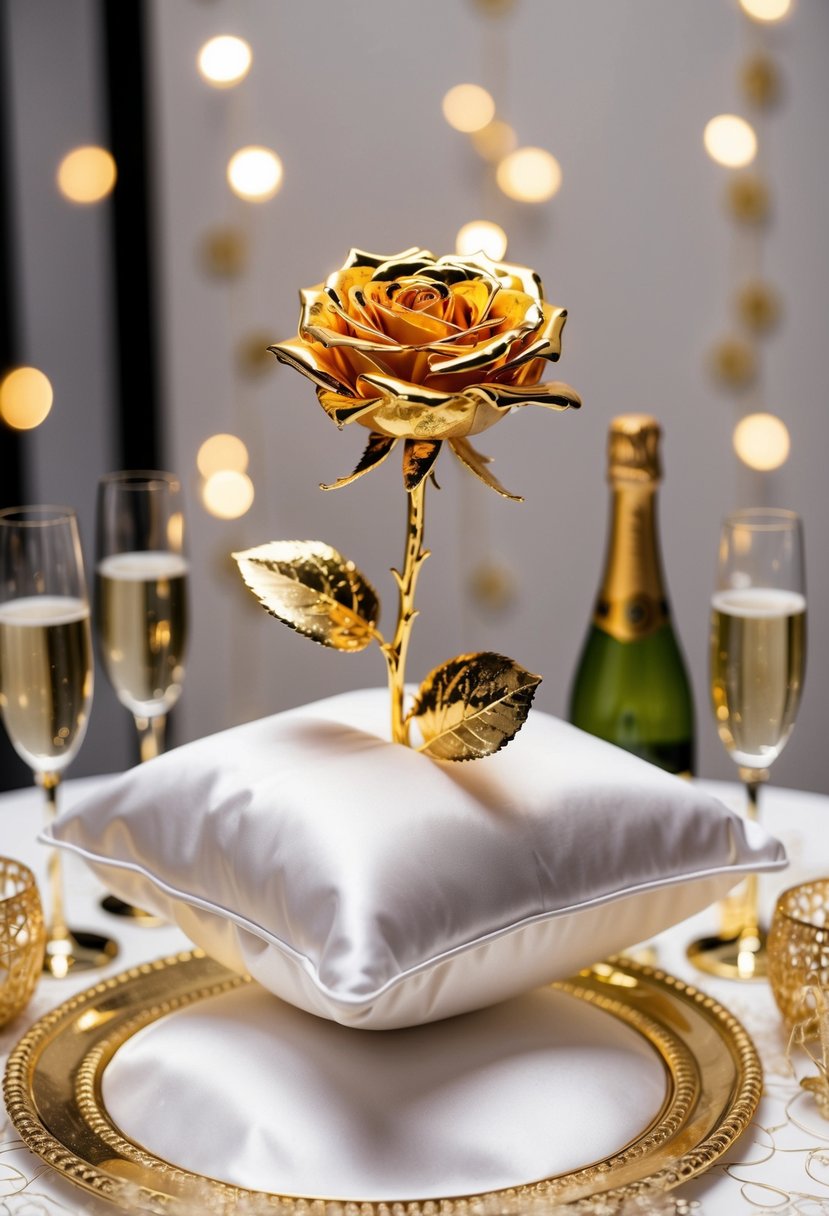 A 24kt-gold rose displayed on a white satin cushion, surrounded by champagne glasses and golden wedding anniversary decor