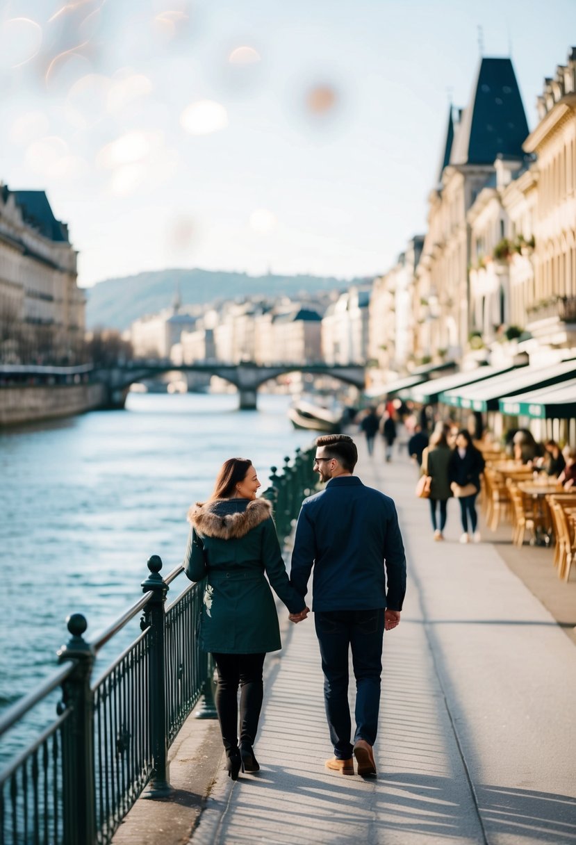 A scenic cityscape with a couple strolling along a riverfront promenade, surrounded by historic buildings and charming cafes