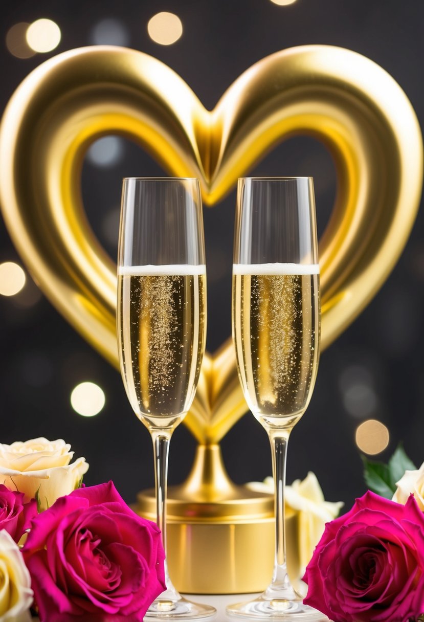 A golden heart sculpture surrounded by blooming roses and sparkling champagne glasses, symbolizing love and celebration for a 50th wedding anniversary