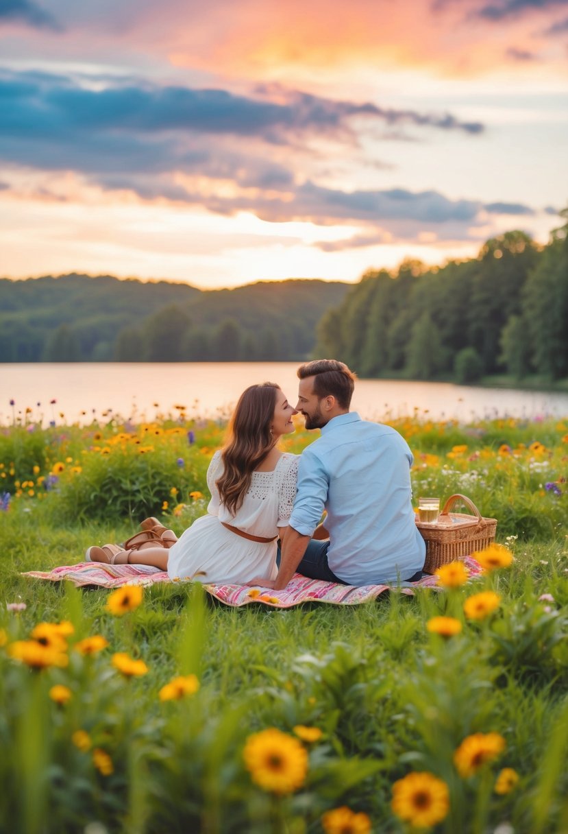 A couple enjoying a romantic picnic in a lush, flower-filled meadow, with a serene lake in the background and a colorful sunset sky