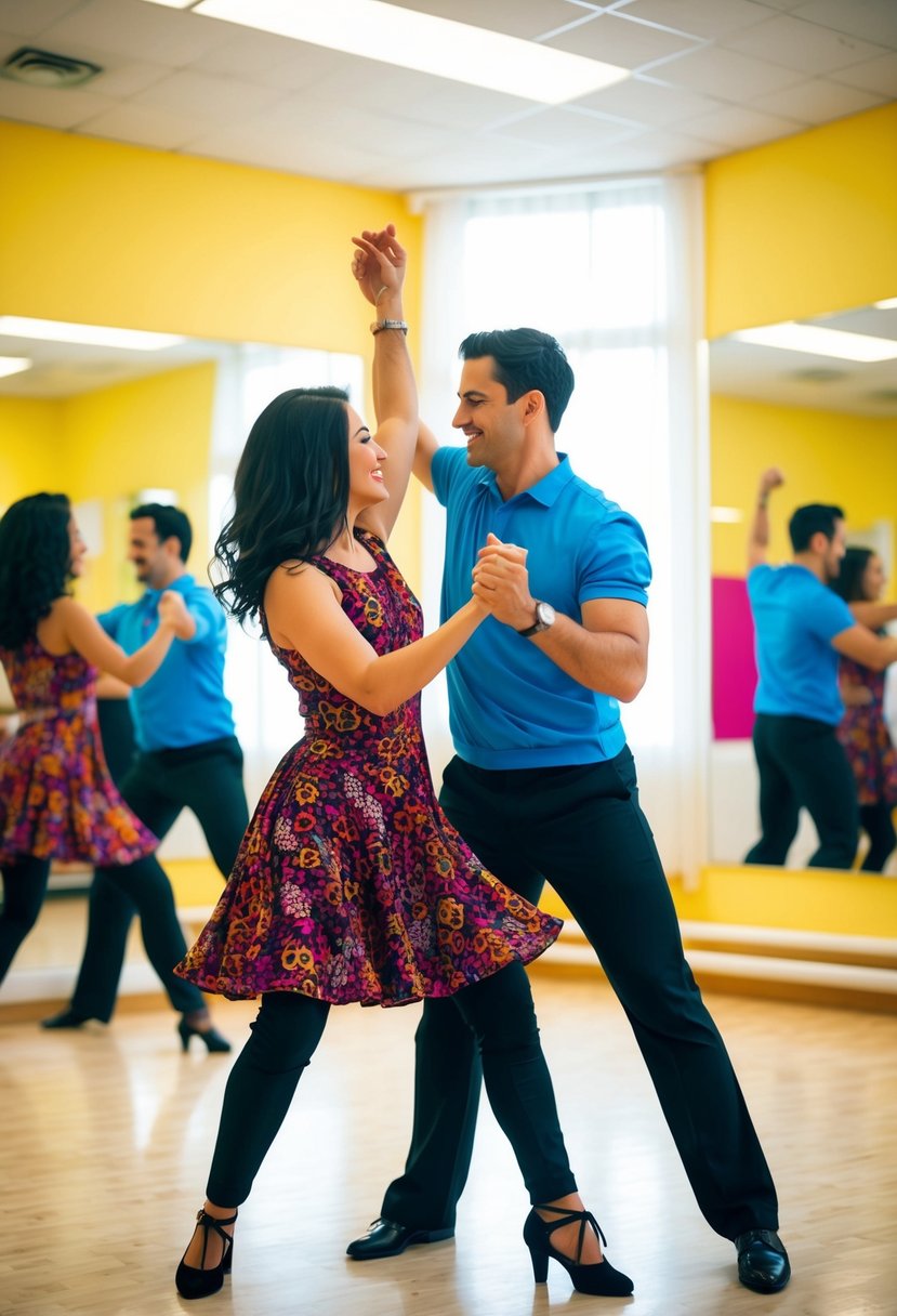 A couple dancing salsa in a brightly lit dance studio, surrounded by mirrors and vibrant music