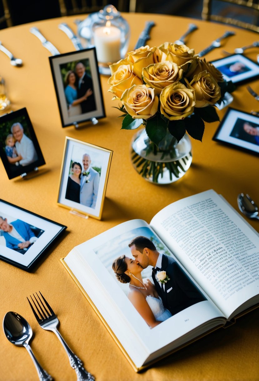 A table set with a golden tablecloth, surrounded by family photos and a vase of golden roses, with a book open to a page about a golden wedding anniversary