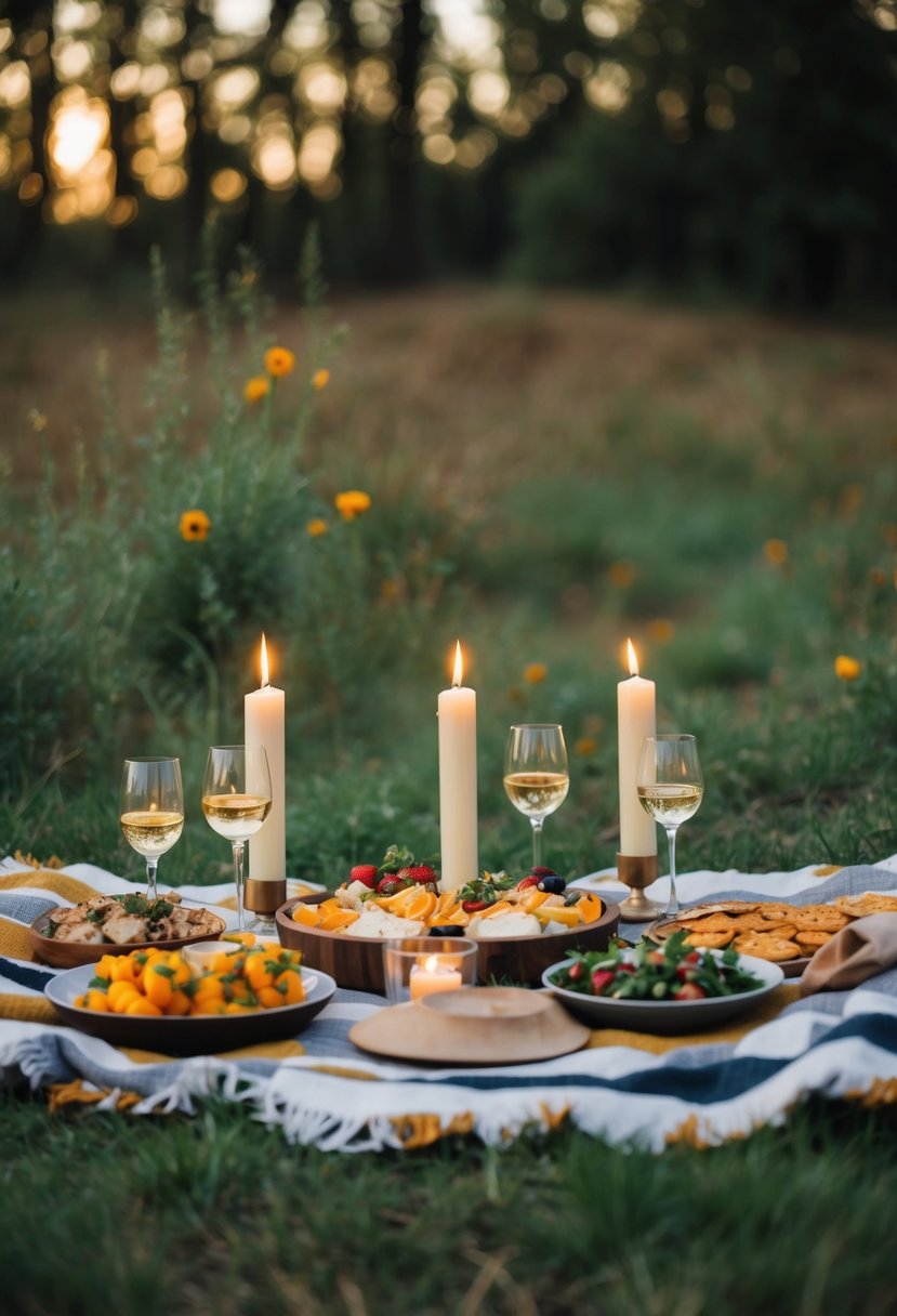 A cozy picnic blanket set up with candles, wine glasses, and a spread of delicious foods, surrounded by a serene natural setting