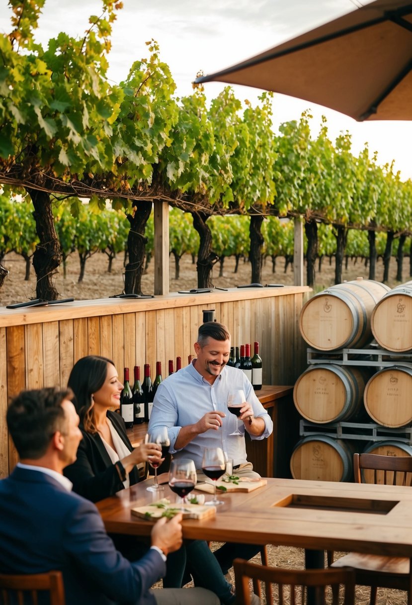 A rustic winery with rows of grapevines, a wooden tasting bar, and wine barrels stacked against the walls. A couple enjoys a tasting flight at a cozy table