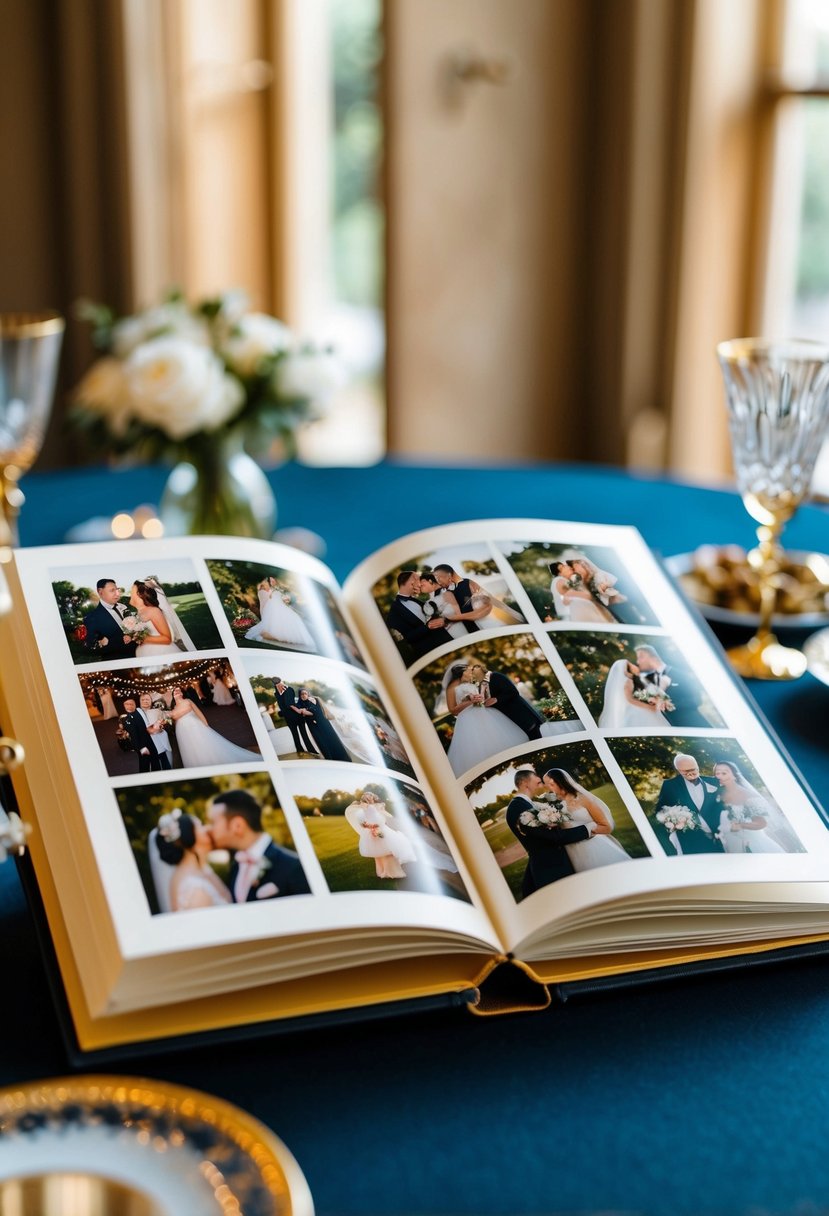 A beautifully designed photo book open on a table, filled with images capturing the love and memories of a golden wedding anniversary celebration