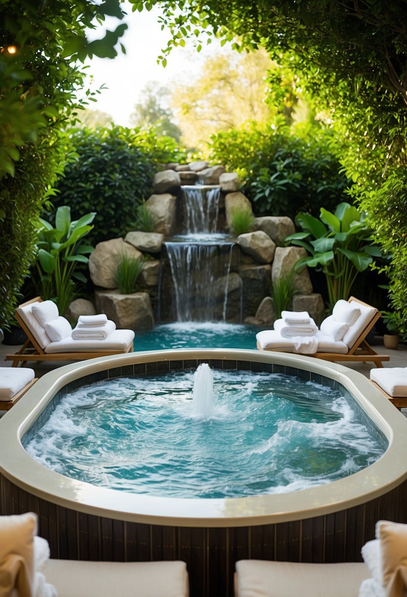 A serene spa scene: a bubbling hot tub surrounded by lush greenery, soft towels and robes neatly folded on lounge chairs, and a calming waterfall feature