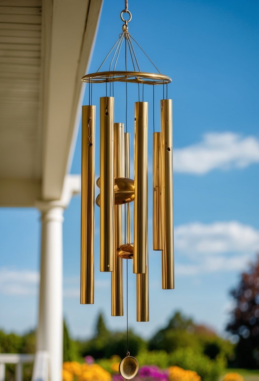 Brass windchimes glistening in the sunlight, hanging from a porch with a backdrop of colorful flowers and a clear blue sky