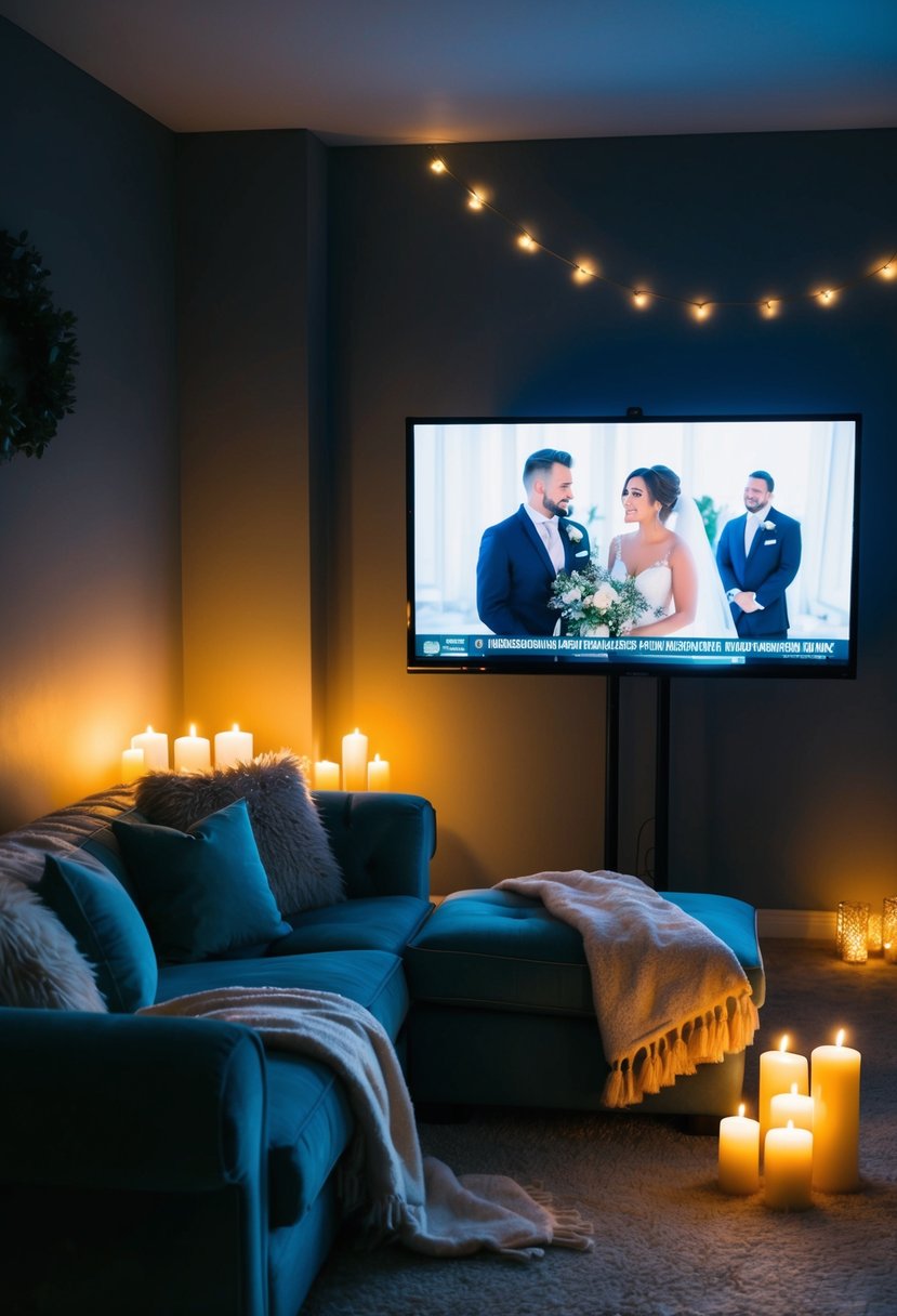 A dimly lit living room with a plush couch, soft blankets, and a large screen showing wedding videos. Candles and fairy lights create a cozy atmosphere