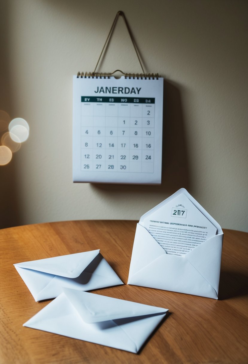 Two envelopes on a wooden table, one sealed and one open with a letter inside. A calendar showing the date one year from now hangs on the wall