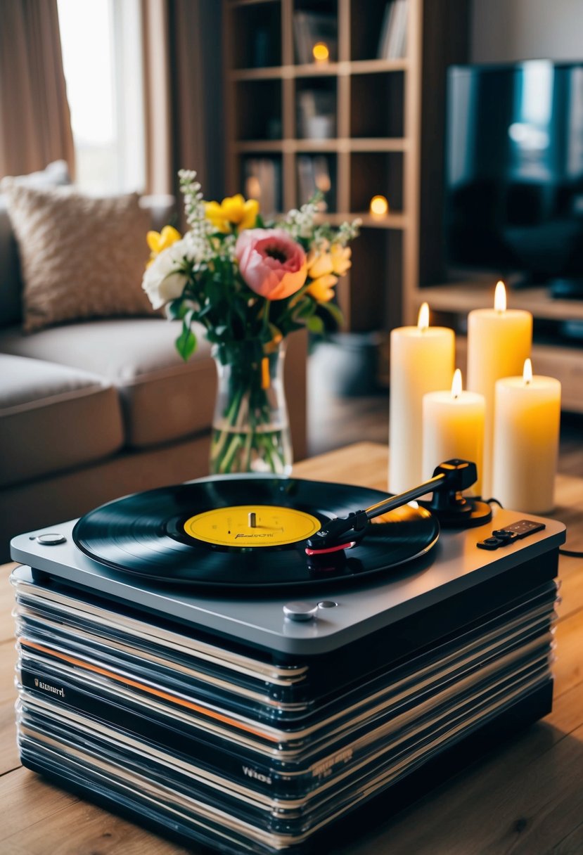 A cozy living room with a record player and a stack of vinyl records, surrounded by flickering candles and a vase of fresh flowers