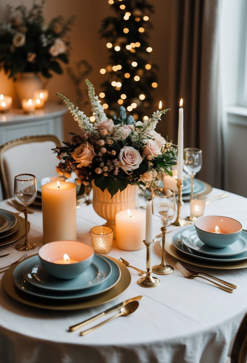 A cozy dining table set for two with elegant dinnerware, candles, and a floral centerpiece, surrounded by romantic decor and soft lighting