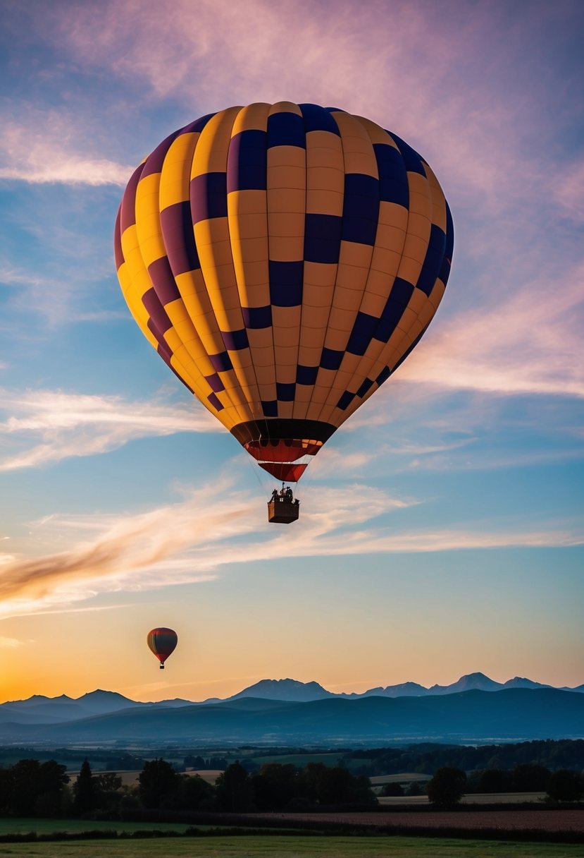 A colorful hot air balloon floats above a scenic landscape at sunset, with mountains and fields below