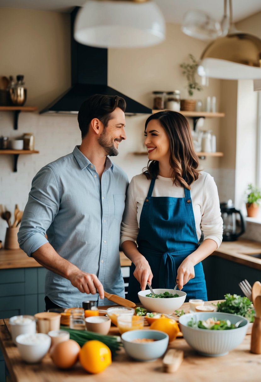 A couple stands side by side in a cozy kitchen, surrounded by ingredients and utensils, as they work together to cook a new recipe for their 11th wedding anniversary