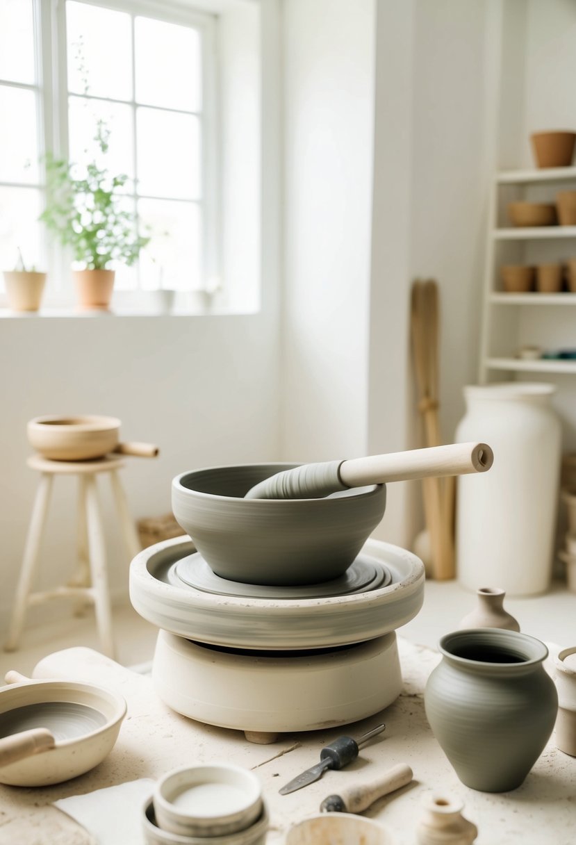 Potter's wheel with clay, tools, and finished pottery in a bright, airy studio