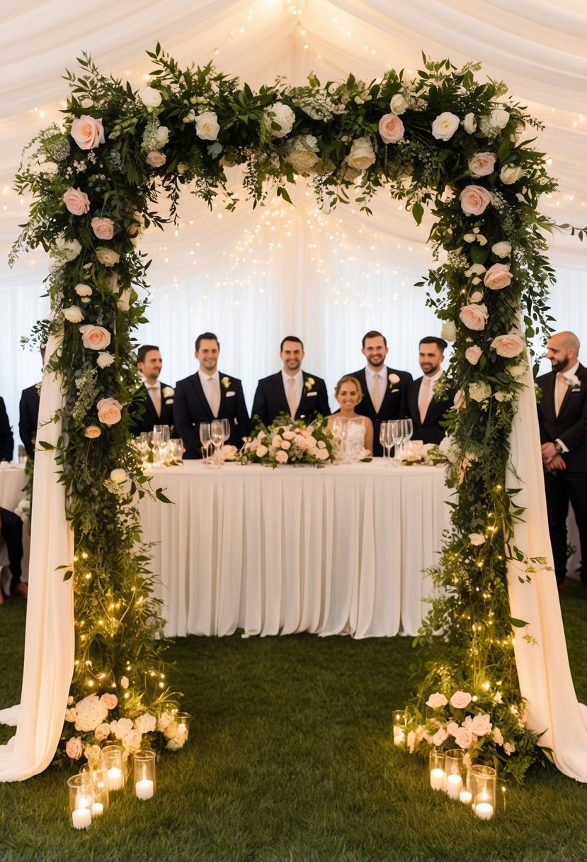 A floral arch frames the head table, draped with flowing fabric and twinkling lights. Greenery and blooms cascade down the sides, creating a romantic and elegant backdrop for the wedding party