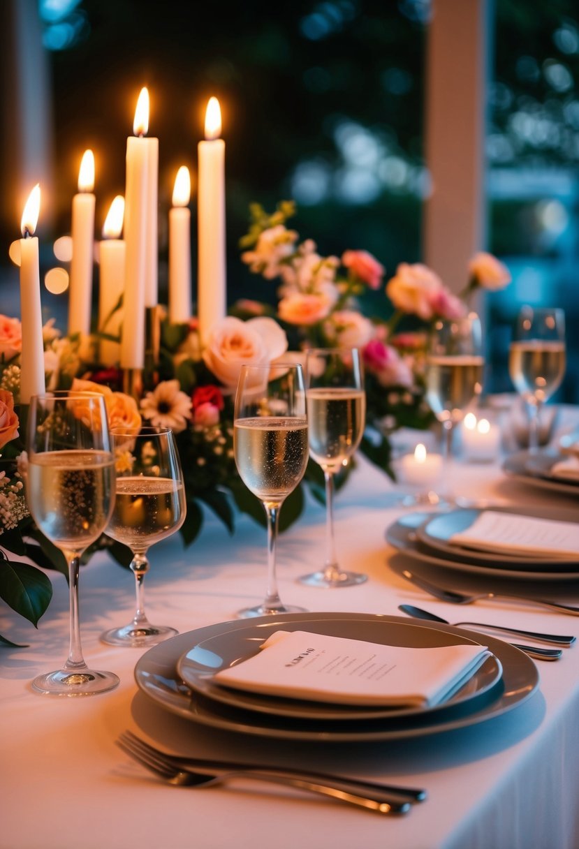 A romantic dinner setting with candlelight, flowers, and champagne