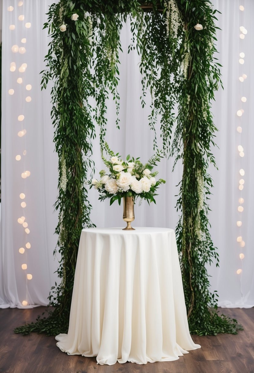 A head table draped in chiffon with cascading greenery backdrop