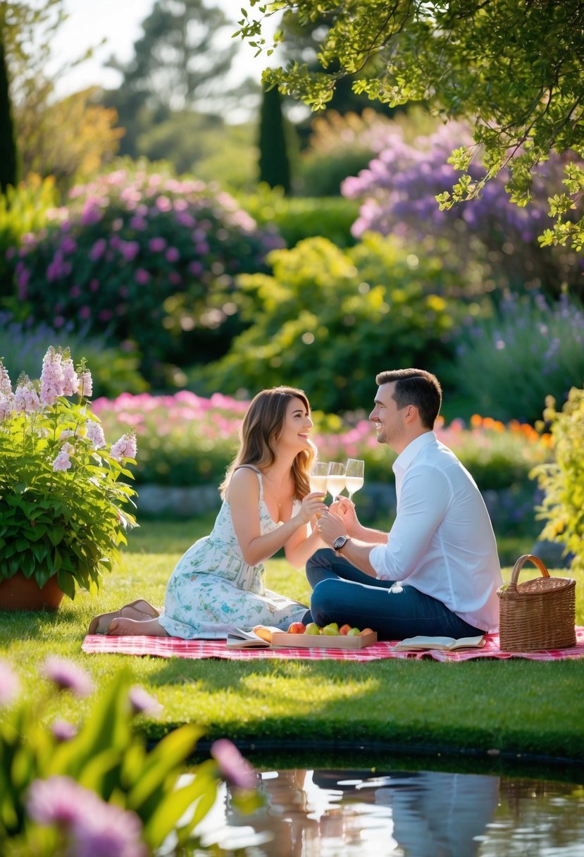 A couple enjoys a romantic picnic in a lush garden, surrounded by blooming flowers and a serene pond