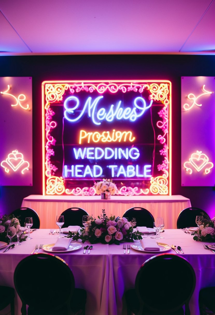 A vibrant neon sign display illuminates a wedding head table, with personalized designs and romantic motifs creating a stunning backdrop