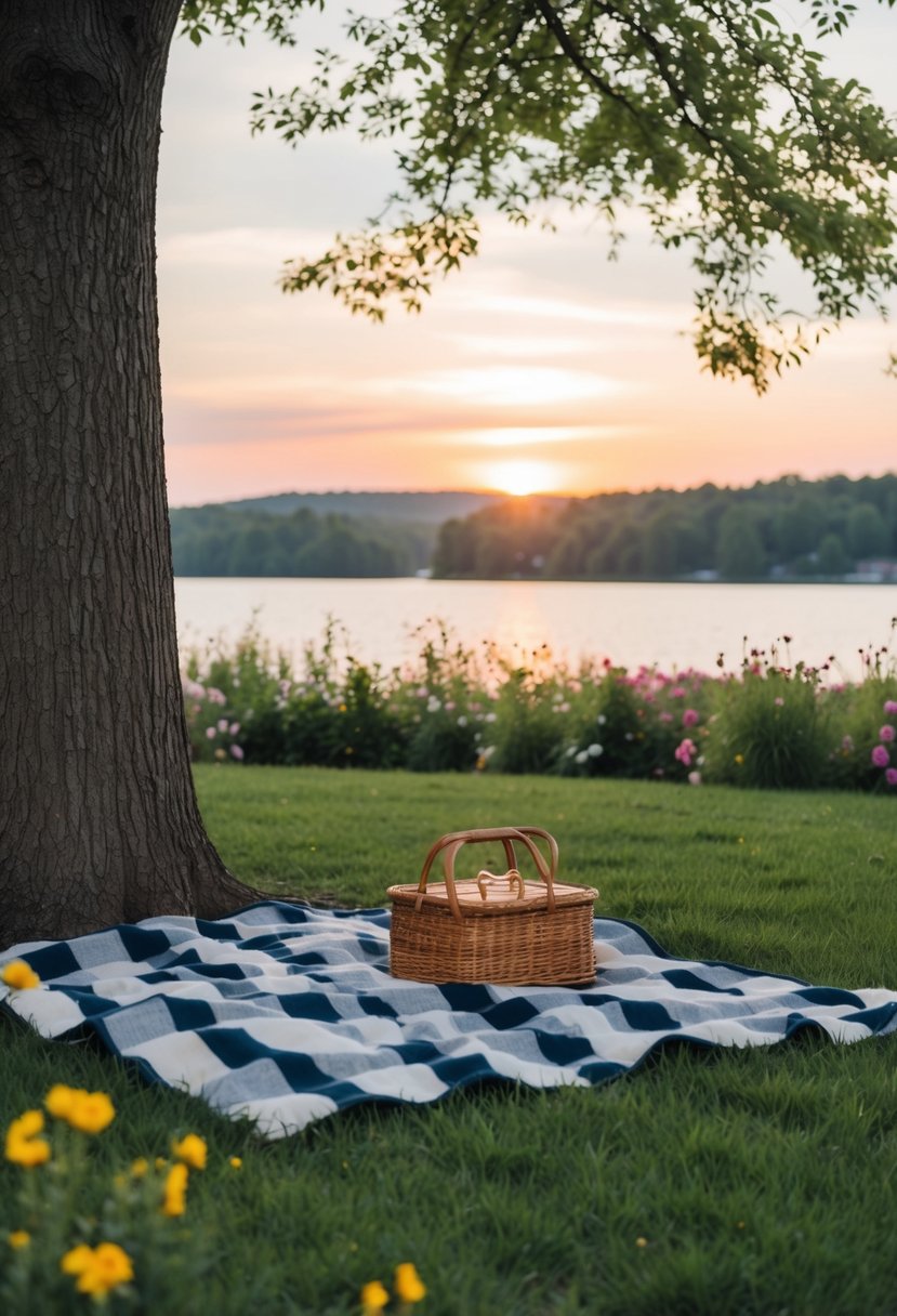 A cozy picnic blanket spread out under a tree, surrounded by blooming flowers and a view of the sunset over a serene lake