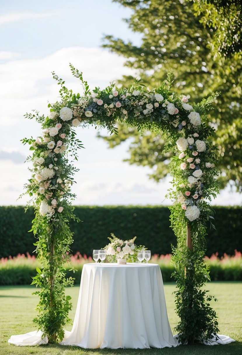 A lush arbor adorned with flowers and greenery frames a wedding head table