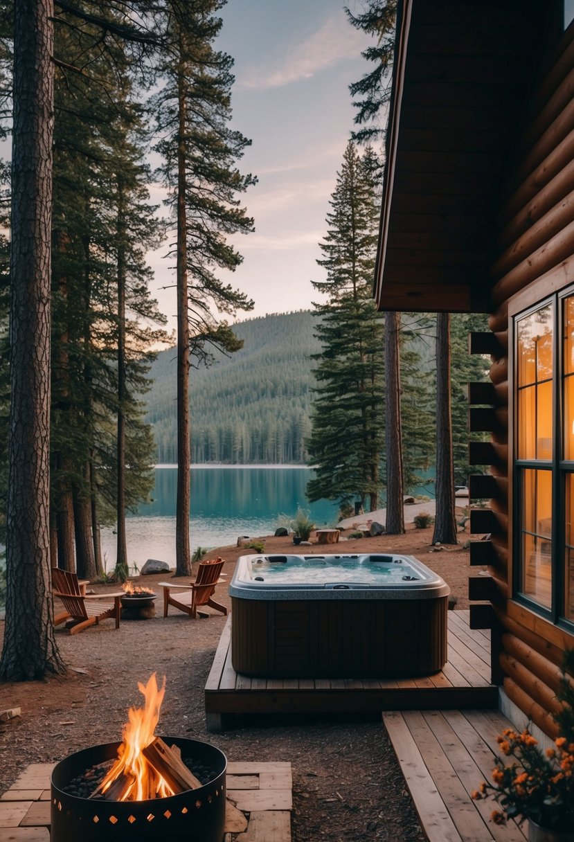 A cozy cabin nestled in a serene forest, surrounded by tall pine trees and a crackling fire pit outside. A hot tub steams on the porch, with a view of a tranquil lake