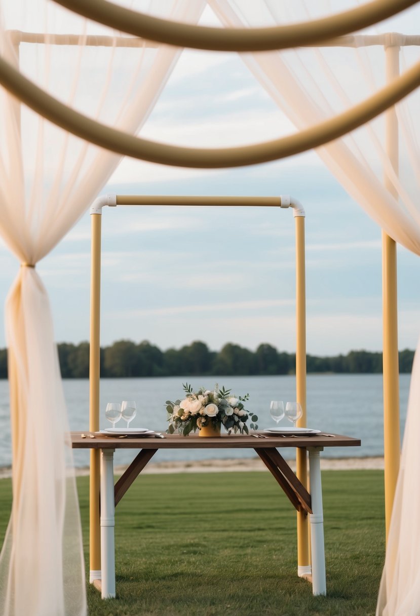 PVC pipes form a frame with sheer draping for a wedding head table backdrop