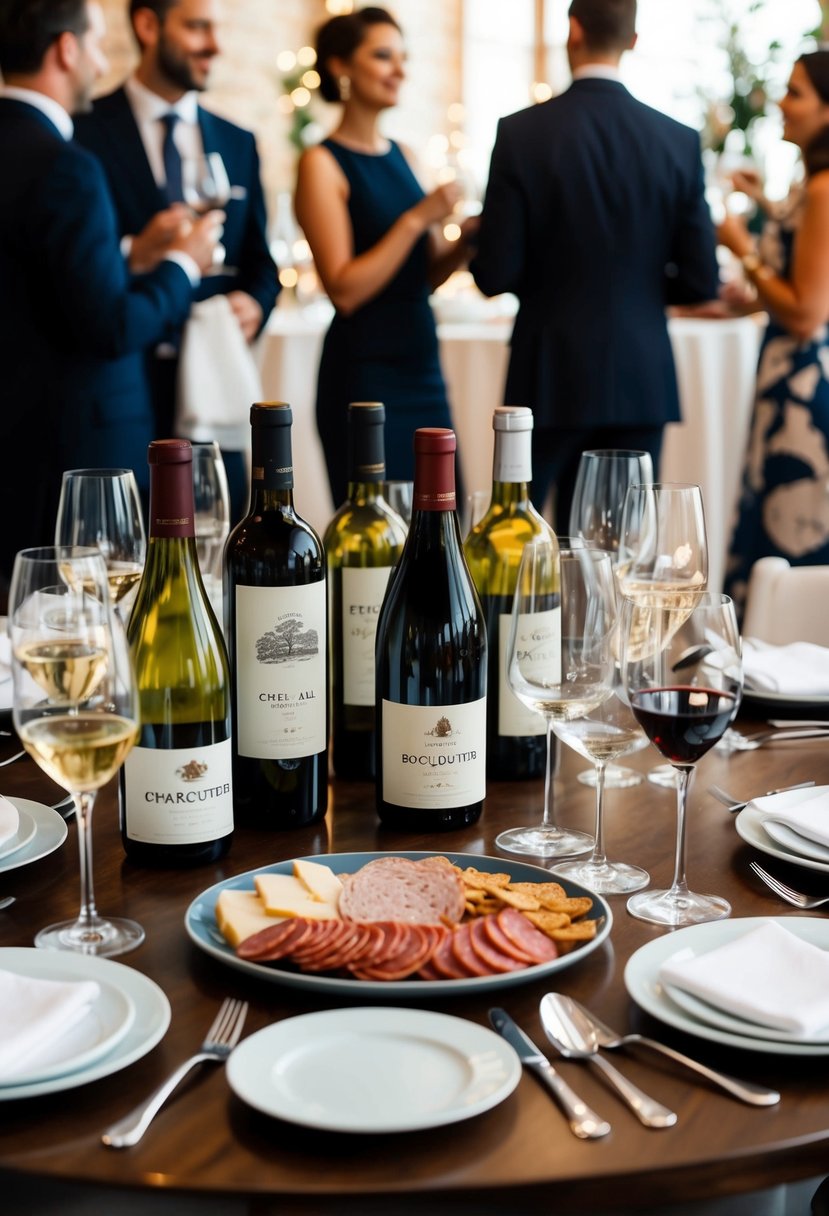 A table set with various wine bottles, glasses, and charcuterie. Guests mingling in the background, enjoying the ambiance and conversation