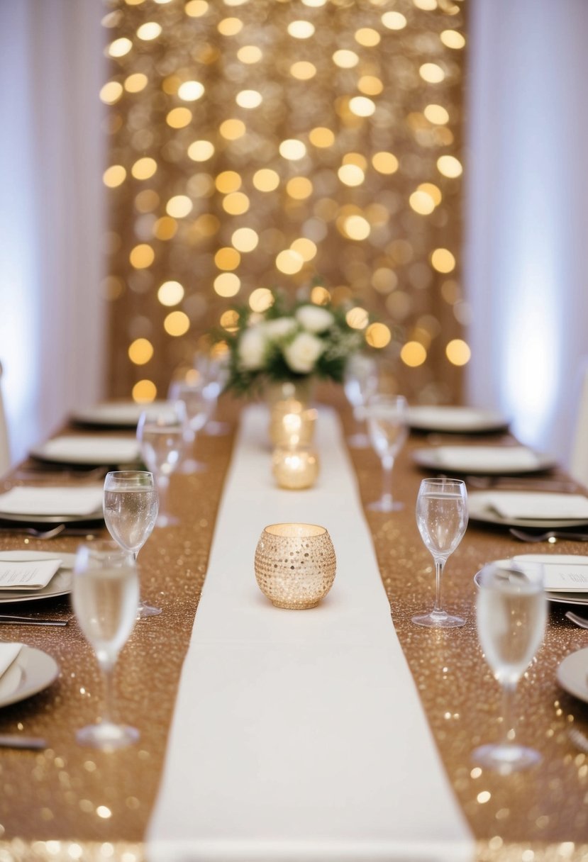 A head table at a wedding with glittery table cloths and runners as a backdrop