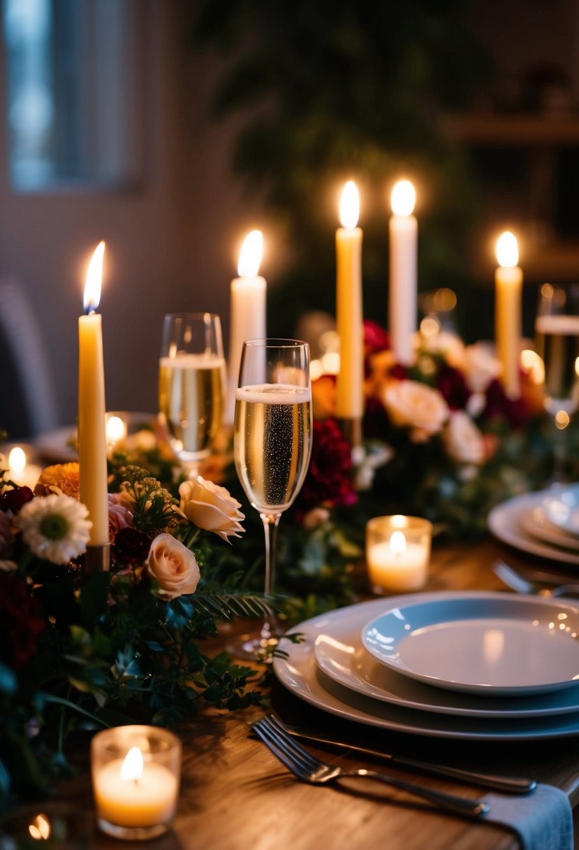 A cozy dinner setting with candles, flowers, and champagne