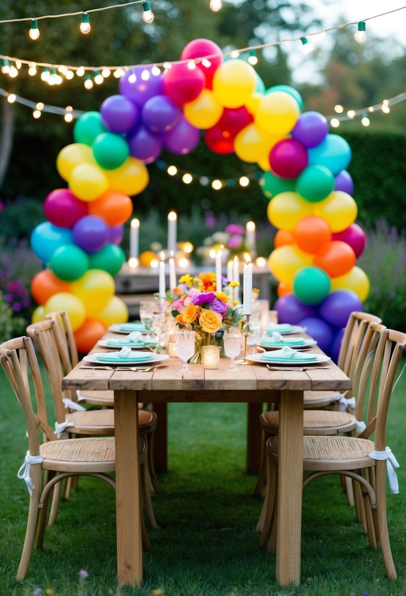 A festive garden party with fairy lights, a colorful balloon arch, and a table adorned with flowers and candles