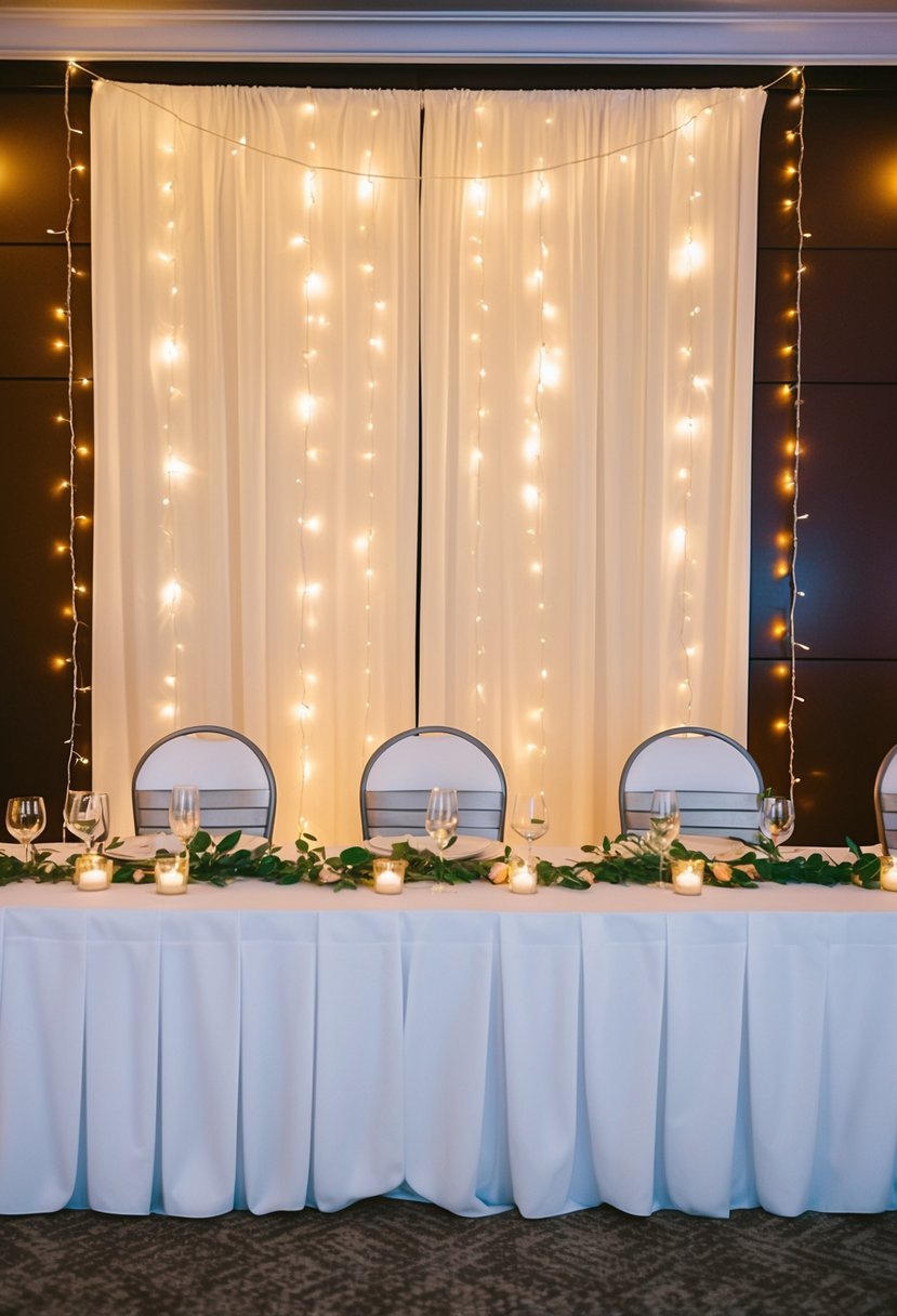 A head table at a wedding reception with string light curtains and LED backdrops creating a romantic and elegant atmosphere