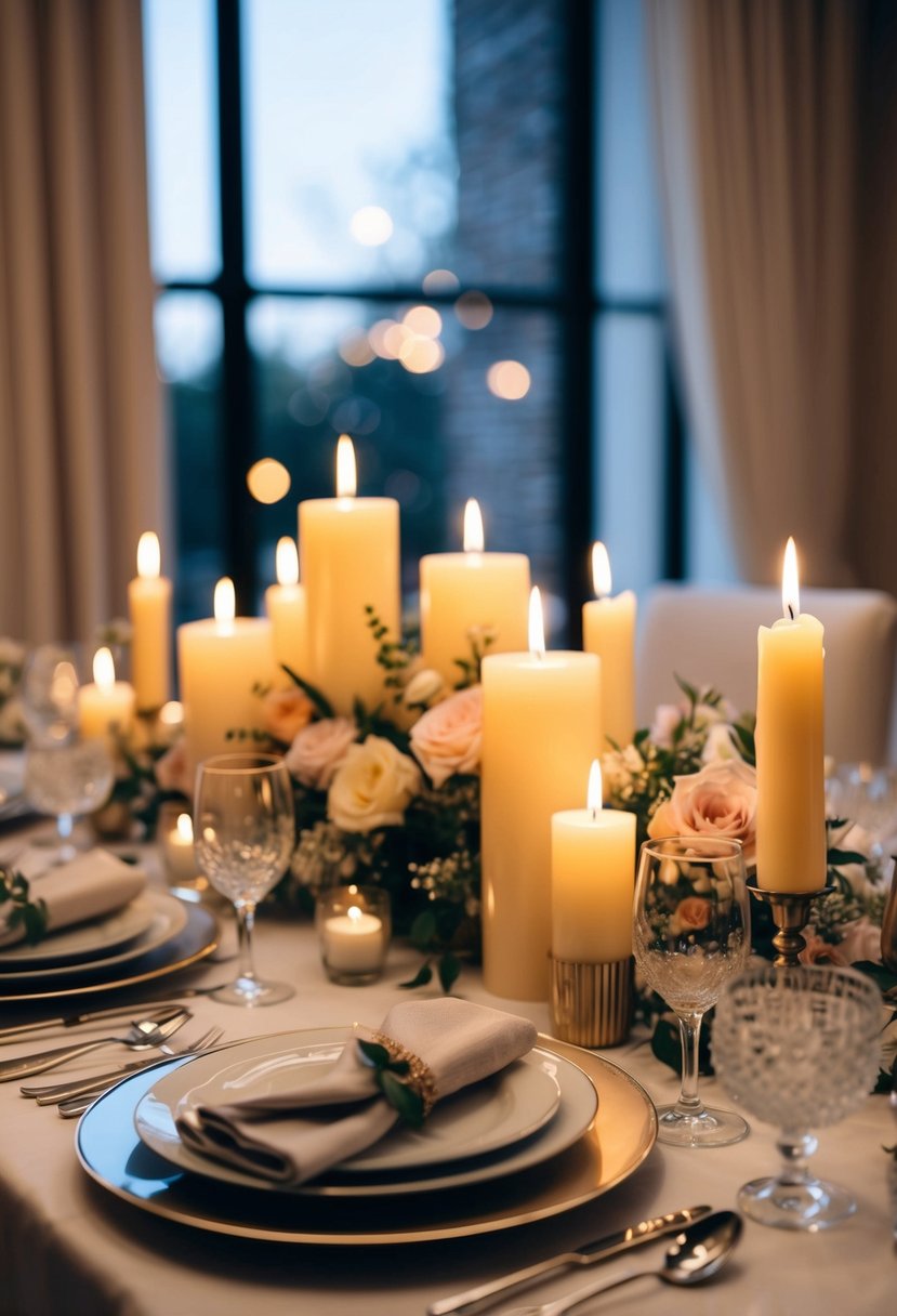 A dining table set with candles, flowers, and elegant dinnerware, surrounded by soft ambient lighting