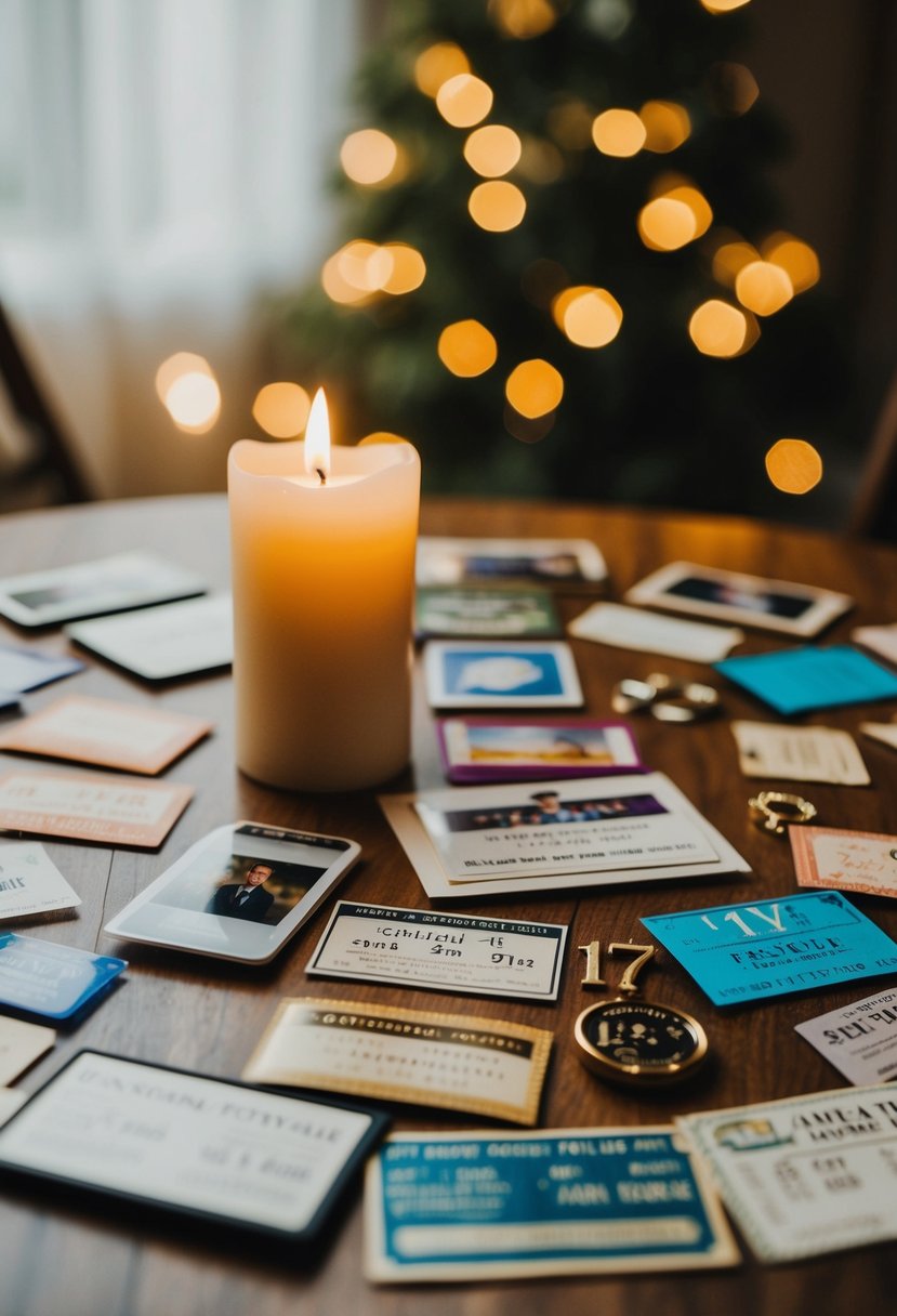 A table adorned with photos, tickets, and mementos from 17 years of marriage. A candle flickers, casting a warm glow over the cherished memories