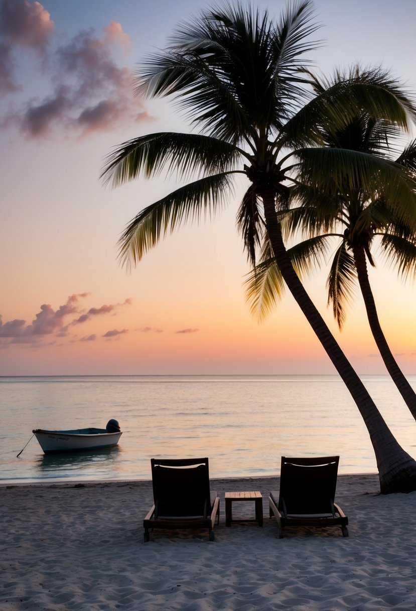 A tranquil beach at sunset with palm trees and a couple of lounge chairs facing the ocean. A small boat is anchored near the shore