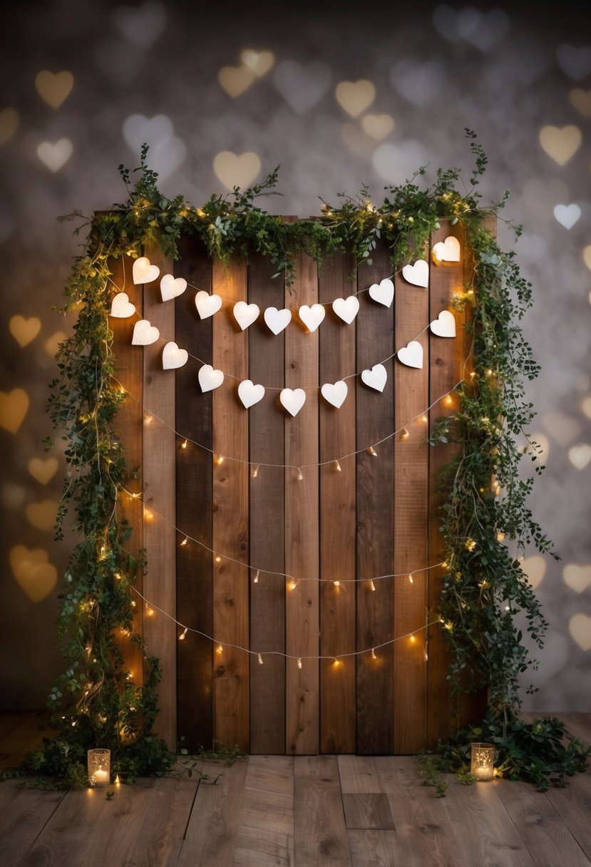 A rustic wooden backdrop adorned with string lights and cascading greenery, accented with delicate paper hearts and twinkling fairy lights